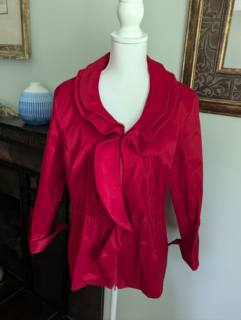 Samuel Dong Women's XL Red Ruffle Collar Zip Jacket Pleated Detail Satin Look